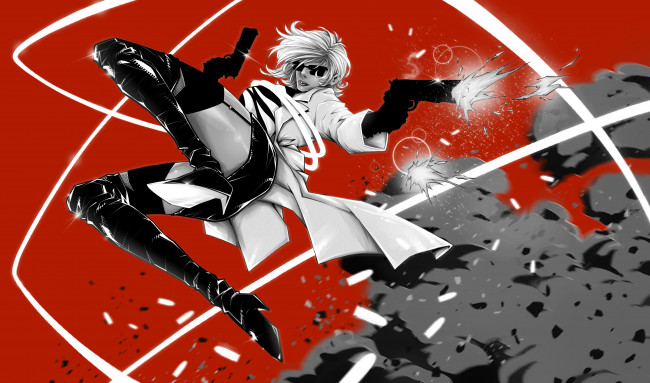 Обои картинки фото рисованное, комиксы, пистолет, очки, плащ, фон, девушка