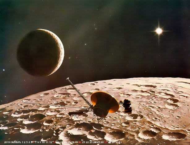 Обои картинки фото календари, фэнтези, планета, спутник, ракета, космос, 2019, calendar