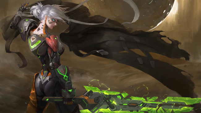 Обои картинки фото видео игры, league of legends, оружие, девушка, киборг, плащ