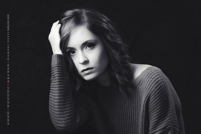 Обои картинки фото календари, компьютерный дизайн, 2019, поза, взгляд, девушка, фон, черный, calendar, женщина