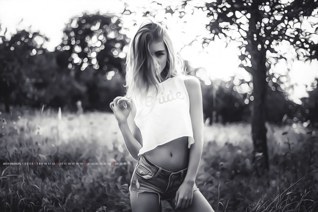 Обои картинки фото календари, компьютерный дизайн, природа, девушка, трава, дерево, растение, calendar, 2019