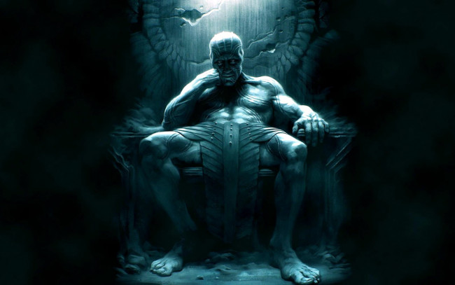 Обои картинки фото фэнтези, существа, мужчина, трон, набедренная, повязка, взгляд