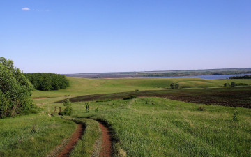 Картинка природа дороги дорога рощи поля река холмы