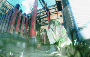 Картинка аниме unknown +другое+ девочка плащ здание забор