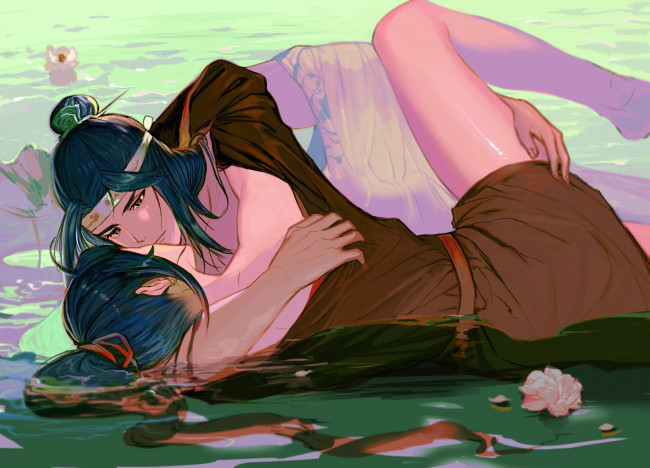 Обои картинки фото аниме, mo dao zu shi, вэй, усянь, лань, ванцзы, озеро