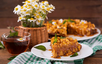 Картинка еда пироги букет ромашки пирог чай