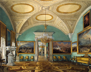 обоя рисованное, эдуард гау, интерьер, комната, дворец, зал, люстра, свод, лепнина, картины, паркет, стулья