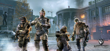 обоя видео игры, warface, город, дома, здания, статуя, дерево, осень, спецназ, форма, оружие, аптечка, огонь, кран