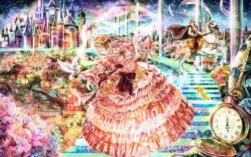 Картинка фэнтези девушки золушка лестница всадник принц туфелька часы замок сад