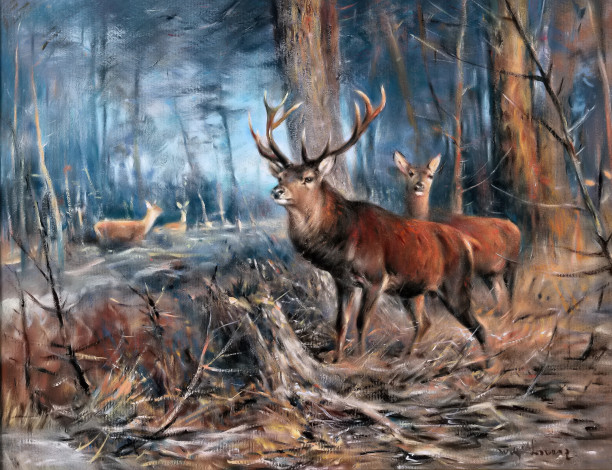 Обои картинки фото рисованное, живопись, лес, осень, олени, стадо, валежник