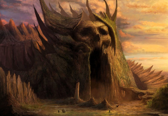 Обои картинки фото фэнтези, иные миры,  иные времена, всадник, скалы, пещера, голова