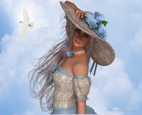 Картинка 3д графика people люди цветы птичка шляпа девушка