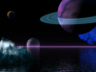 Картинка космос арт горы вода планеты