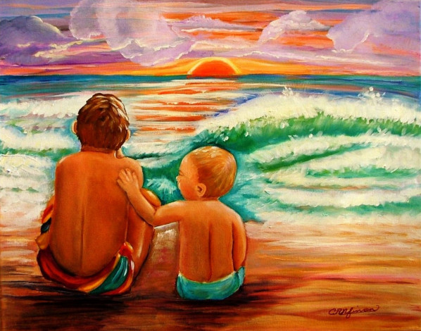 Обои картинки фото рисованные, дети, закат