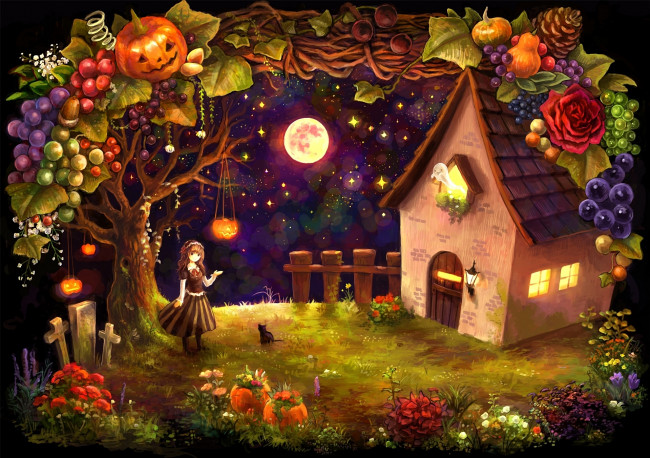 Обои картинки фото аниме, halloween, magic, девочка