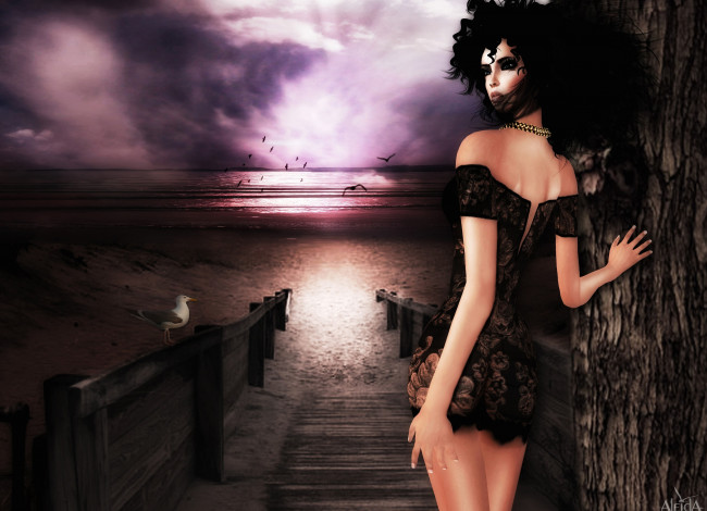 Обои картинки фото 3д, графика, people, люди, девушка, причал, море, чайки