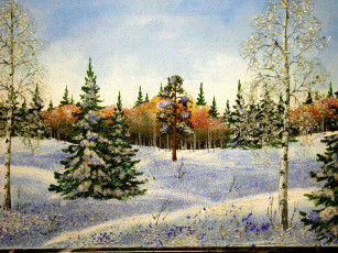 Картинка рисованные природа зима снег елки деревья лес