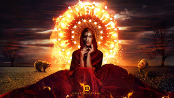 Картинка разное компьютерный дизайн деревья медведи огонь девушка плащ капюшон креатив desktopography ореол маска