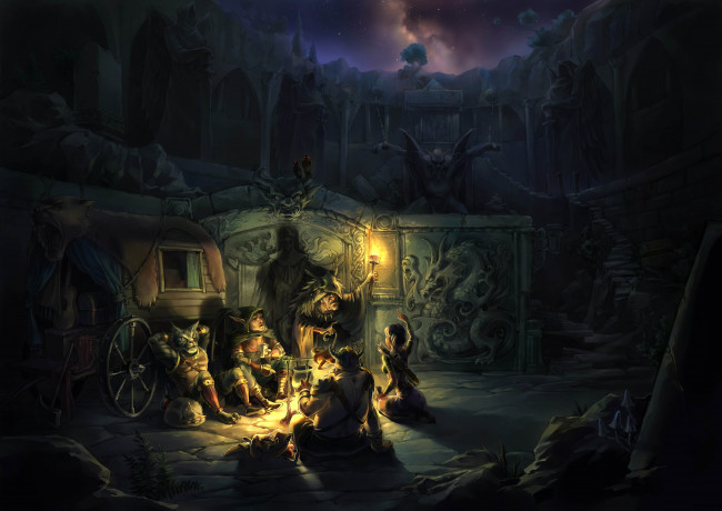 Обои картинки фото фэнтези, иные, миры, времена, костёр, эльф, шаман, волк