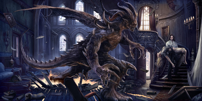 Обои картинки фото фэнтези, существа, девушка, лестница, чудовище