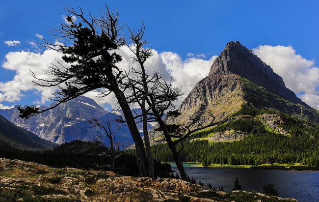 Обои картинки фото природа, реки, озера, горы, трава, река, лес, скалы, деревья, облака