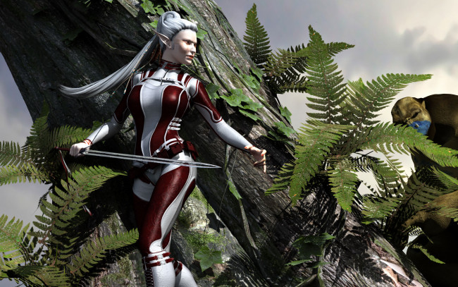 Обои картинки фото 3д графика, эльфы , elves, эльфийка, дерево, существо, взгляд