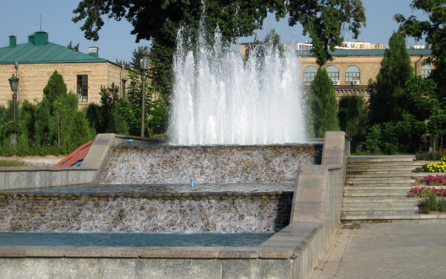 Обои картинки фото города, - фонтаны, облицовка, каскад, стена, воды, лето