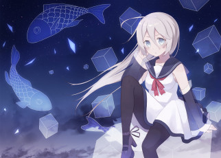 Картинка аниме животные +существа девушка взгляд фон