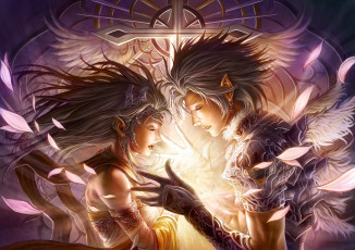 Картинка фэнтези эльфы эльф chrisnfy85 эльфийка девушка крест профиль украшения магия парень арт крылья перья руки