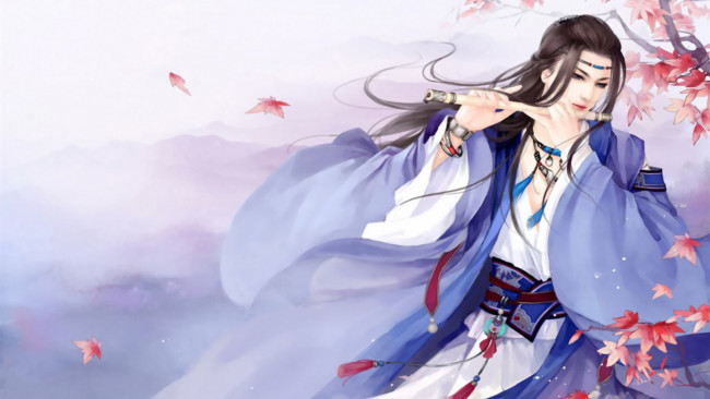 Обои картинки фото фэнтези, люди, парень, флейта, листья