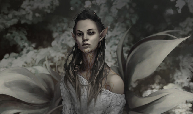 Обои картинки фото фэнтези, эльфы, фэнтази, уши, узоры, девушка, темное, пирсинг, арт, взгляд