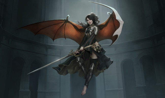 Обои картинки фото фэнтези, демоны, взгляд, девушка, фон, демон, оружие