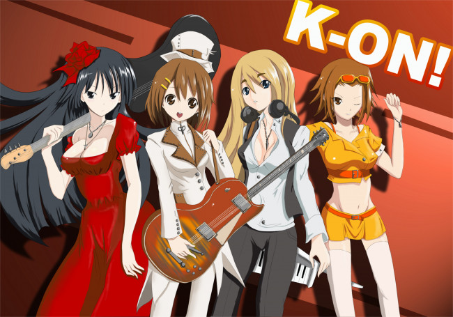 Обои картинки фото аниме, k-on, девушки, взгляд, фон