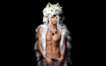 Картинка фэнтези люди парень торс шкура волк