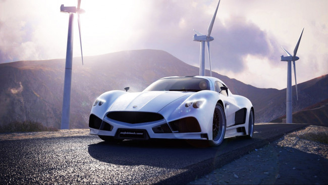 Обои картинки фото mazzanti evantra v8, автомобили, mazzanti, белый, дорога, горы, ветрогенераторы