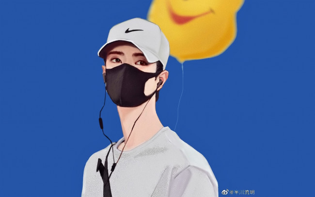 Обои картинки фото рисованное, люди, ван, ибо, кепка, маска, шарик