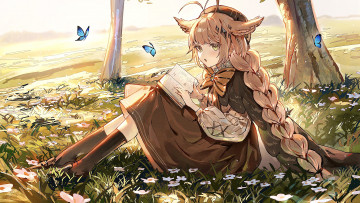 Картинка аниме животные +существа девочка ушки коса книга бабочки