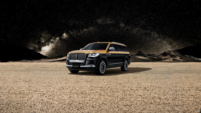 Обои картинки фото lincoln navigator black & gold 2023, автомобили, lincoln, navigator, black, gold, роскошный, внедорожник, ночь, пустыня, звезды