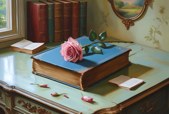 обоя рисованное, цветы, книги, розовая, роза, бутоны