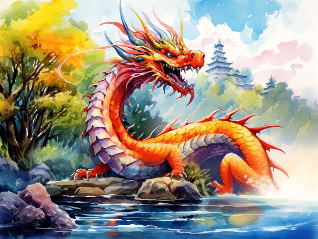 Обои картинки фото фэнтези, драконы, дракон, озеро, деревья, осень, камни, дворец, башня