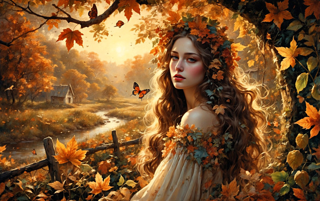 Обои картинки фото рисованное, люди, девушка, венок, осень, цветы, листья, дом, бабочки, забор, деревья, река