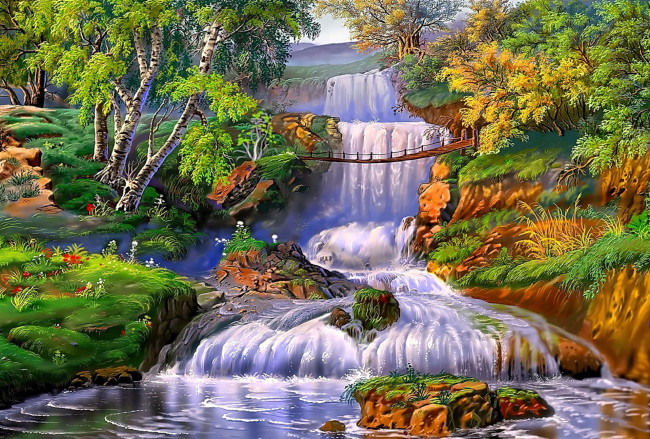 Обои картинки фото рисованное, виктор цыганов, природа, деревья, река, водопады, мост