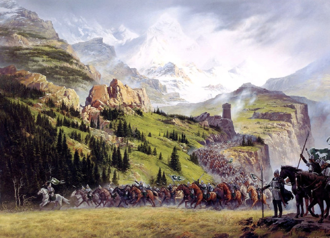 Обои картинки фото фэнтези, _lord of the rings, горы, деревья, облака, отряд