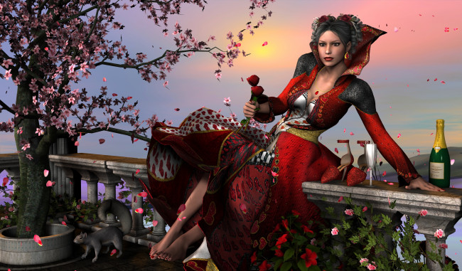 Обои картинки фото 3д графика, fantasy , фантазия, цветы, взгляд, девушка, белочка, вино, сакура