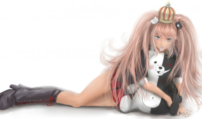 Обои картинки фото danganronpa,  the animation, аниме, сапоги, девушка, мишка, школа, отчаяния