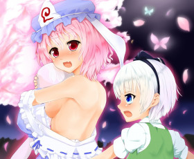 Картинка touhou аниме девушки взгляд фон лепестки