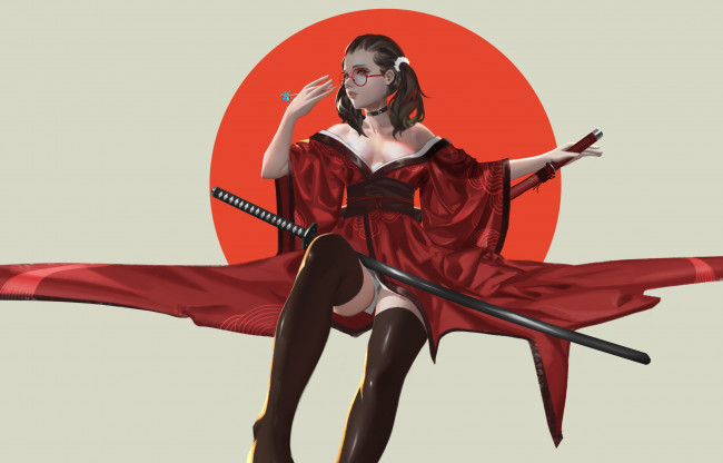 Обои картинки фото аниме, оружие,  техника,  технологии, трусики, катана, одежда, очки, коричневые, волосы, колье, грудь