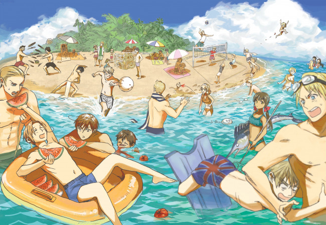 Обои картинки фото аниме, hetalia,  axis powers, арбуз, парни, море, отдых, лето, пляж
