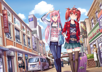 Картинка аниме город +улицы +здания девушки