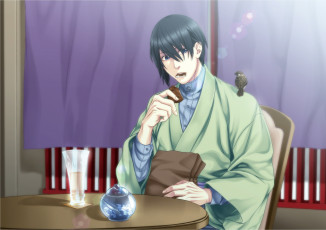 Картинка аниме unknown +другое воробей taishou mebiusline кимоно напиток visual novel парень kyouichiro hiiragi стол сладости